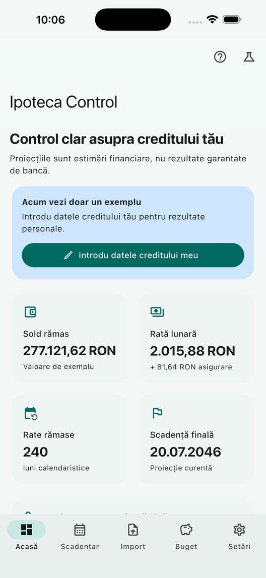 Ipoteca Control home screen with balance, payment and quick actions